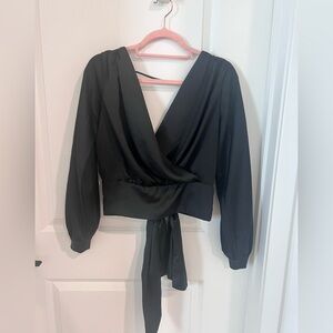 Elegant  V Neck Black Satin Wrap Top Size Medium